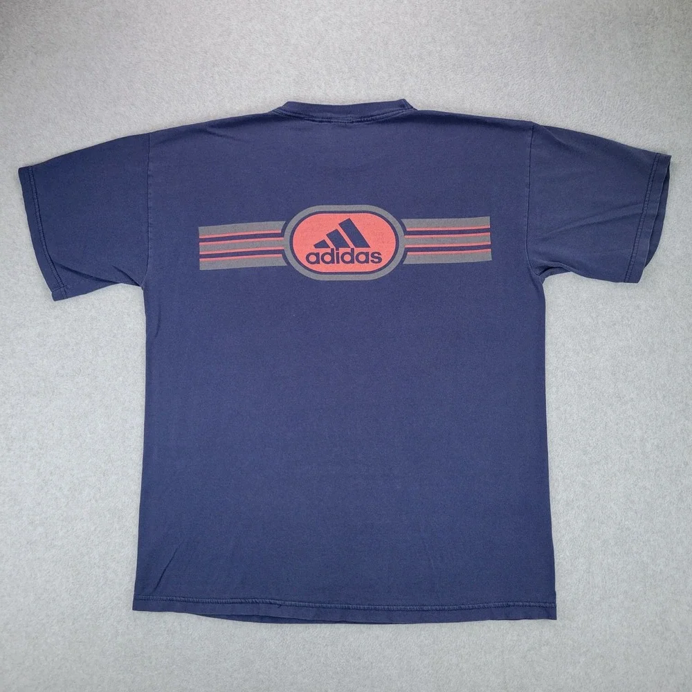 Adidas Graphic T-Shirt Mens XL Navy Blue Heavy Cotton Vintage 90s Sport Stripe